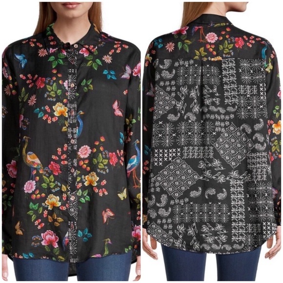 Johnny Was Mixup Oversized Black Shirt Blouse Birds Embroidered (T2) - Picture 2 of 10